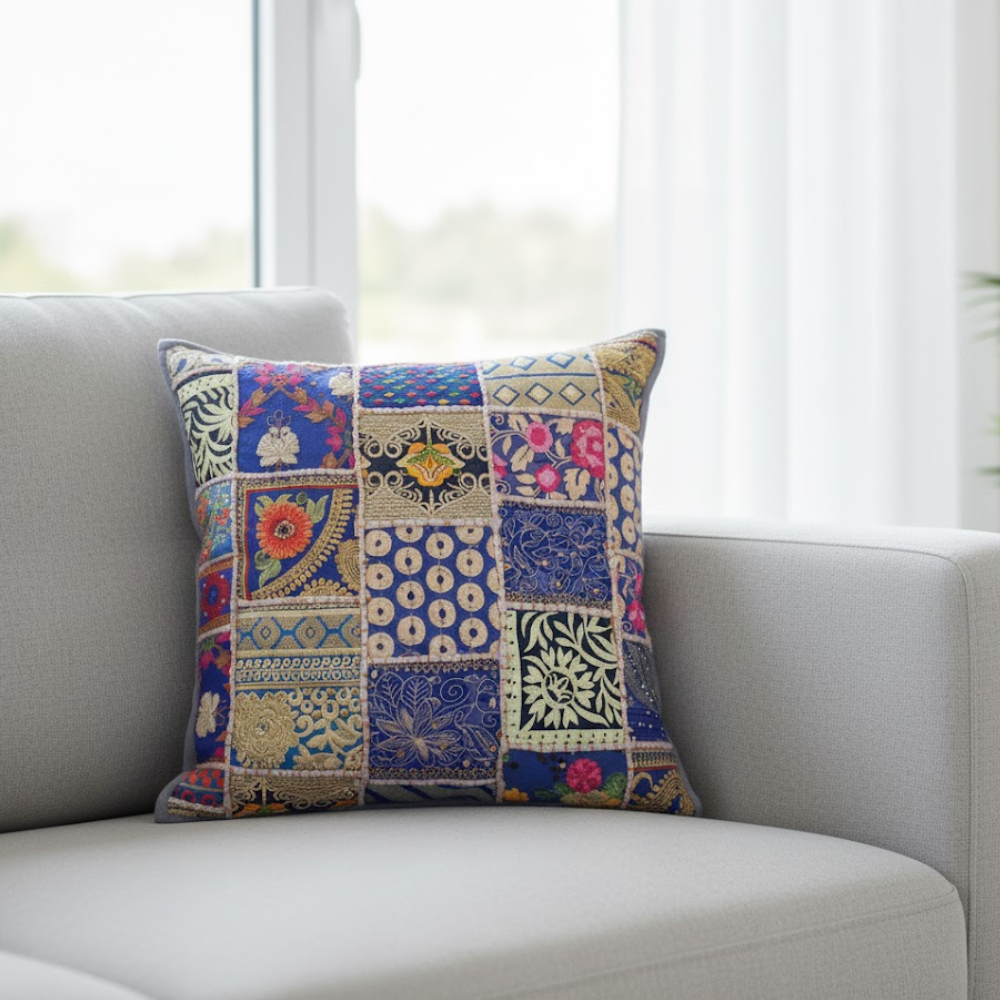 Upcycled embroidered cushion cover detail of stitched panels