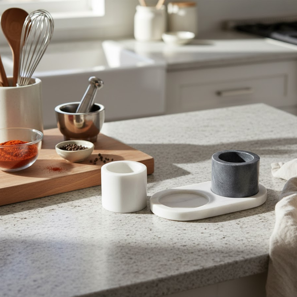 Marble condiment set with natural veining