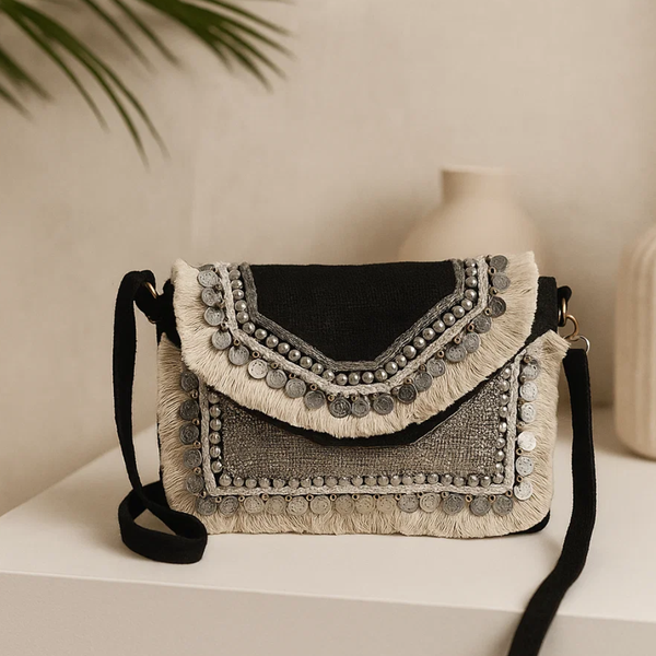 Metallic Embellished & Fringed Black Jute Sling Bag – Handcrafted Eco-Friendly Sling Bag