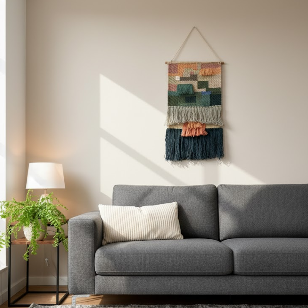 Earthy diamond wool wall hanging fringe detail at the bottom