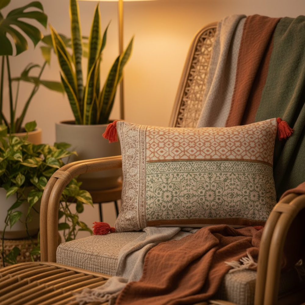 Floral lumbar cushion cover styled on a bed
