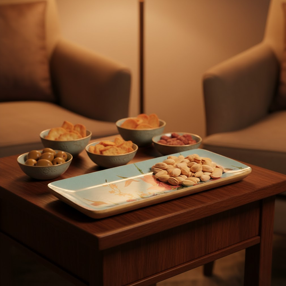 Floral wooden tray wood grain detail
