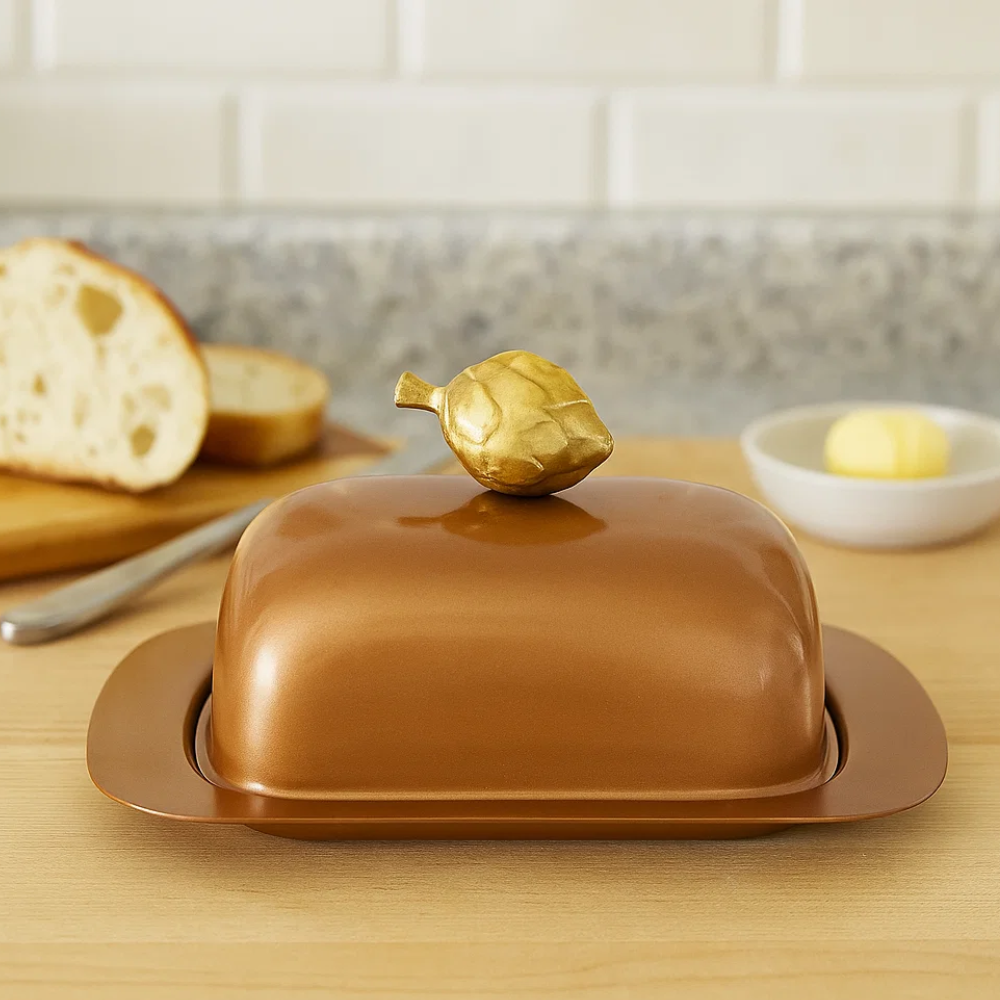 Steel butter dish angled view
