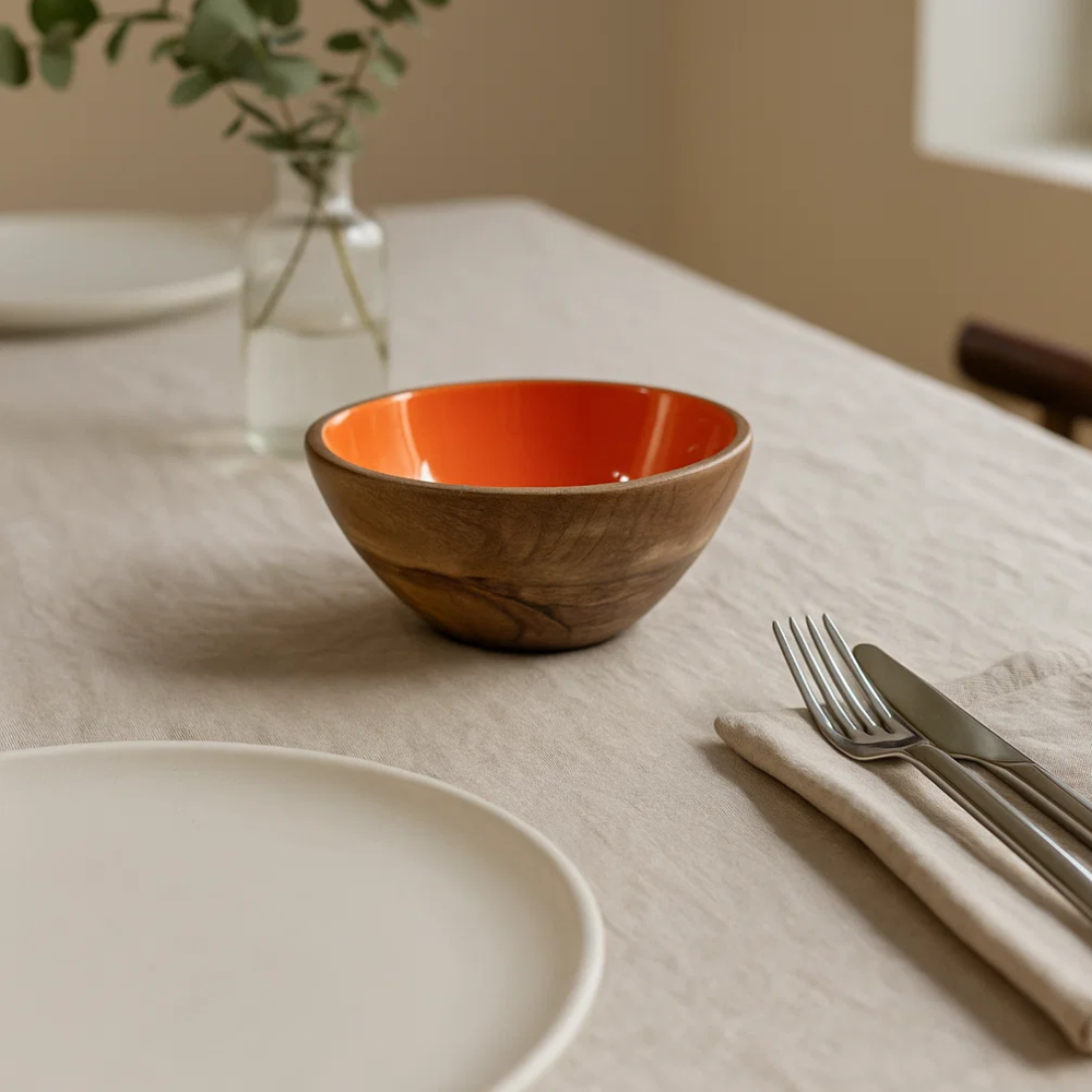 Orange serving bowl styled on a table