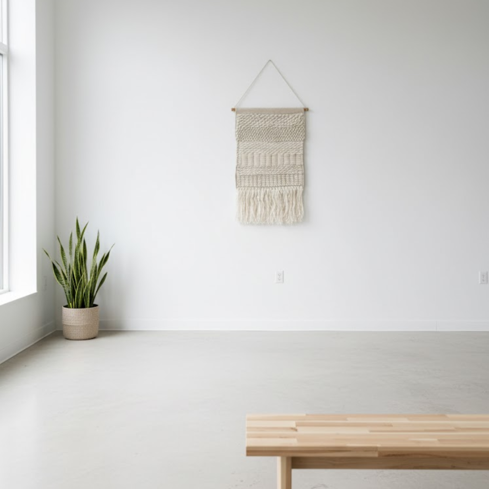 Boho wool fringe wall hanging in a quiet boho corner