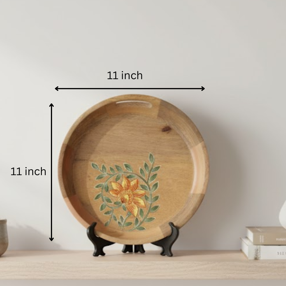 Round mango wood tray at an angle