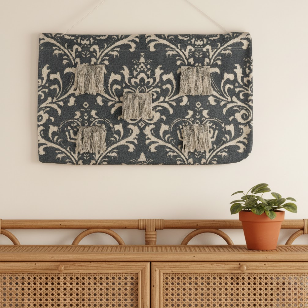 Damask patchwork wall hanging in cotton with hand-stitched panels by Gleemium