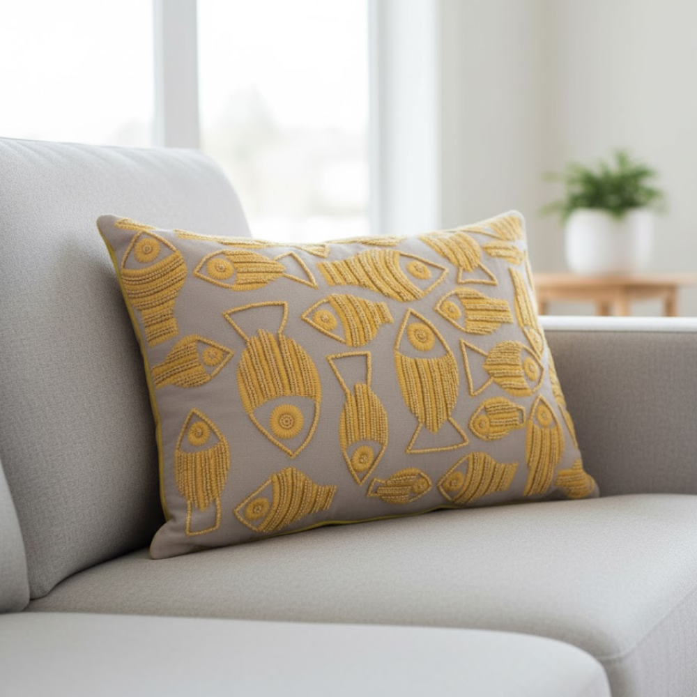Fish embroidered cushion cover styled on a sofa