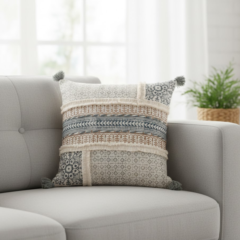Bold maximal cushion cover detail of tassels