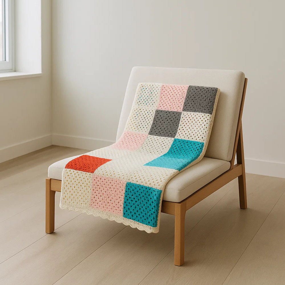 Geometric crochet throw draped over a chair