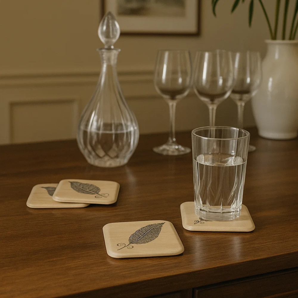 Feather wooden coasters at an angle