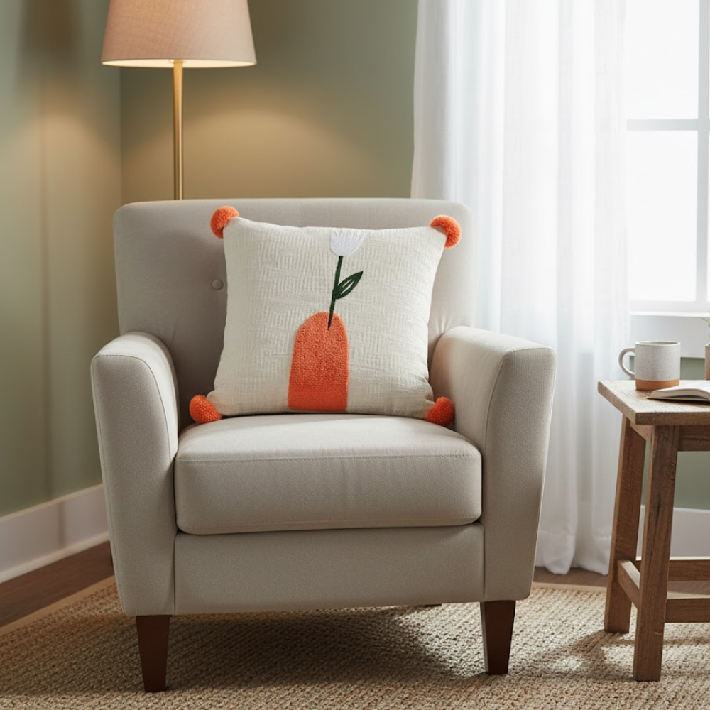 Tulip embroidered cushion cover styled on a sofa