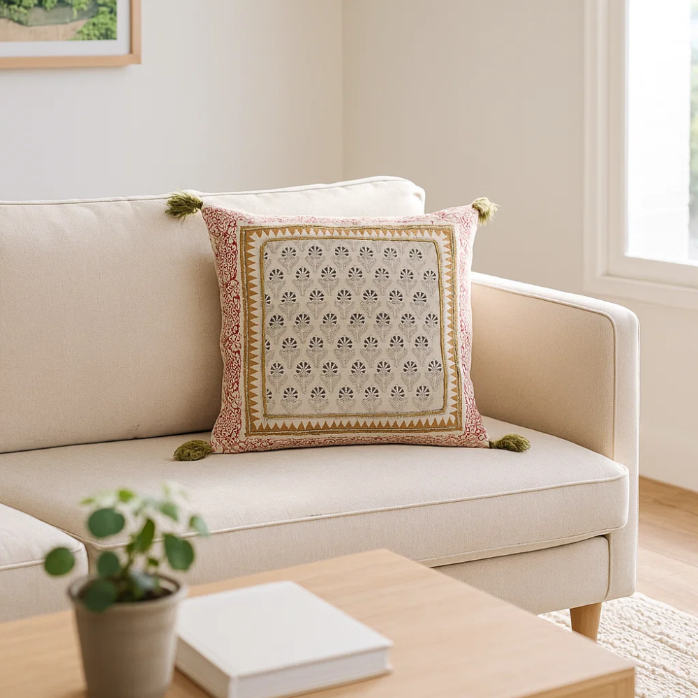 Block printed floral cushion cover at an angle