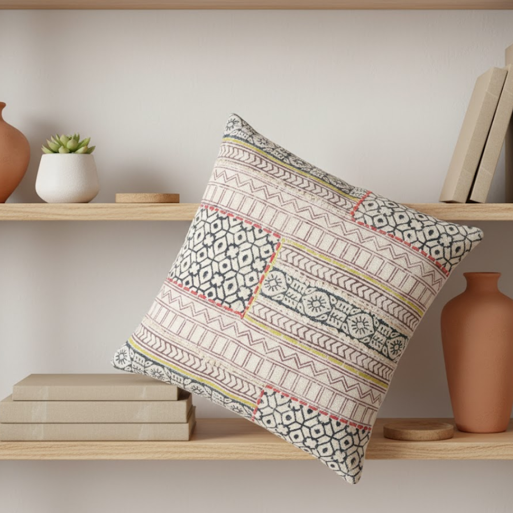 Block printed geometric cushion cover concealed zip detail