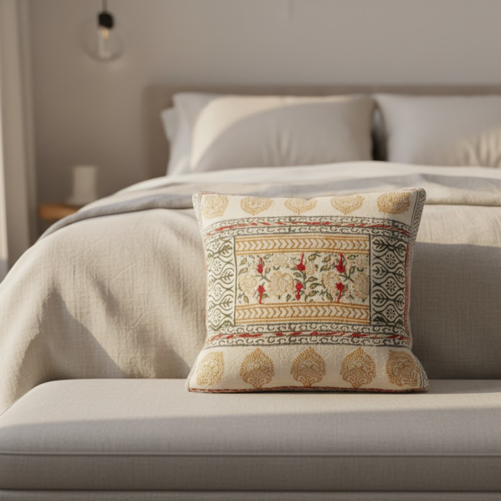 Floral cotton cushion cover close-up of block print
