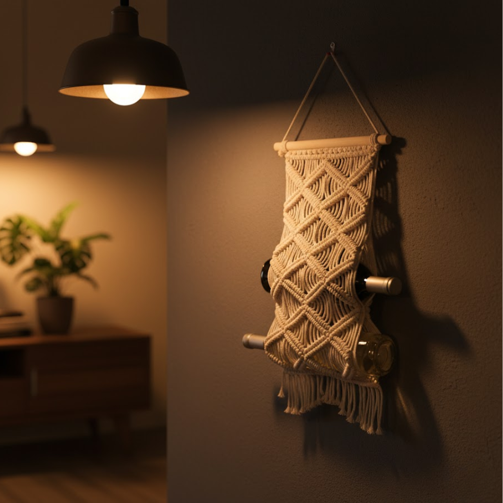 Macrame wine rack close-up of knots