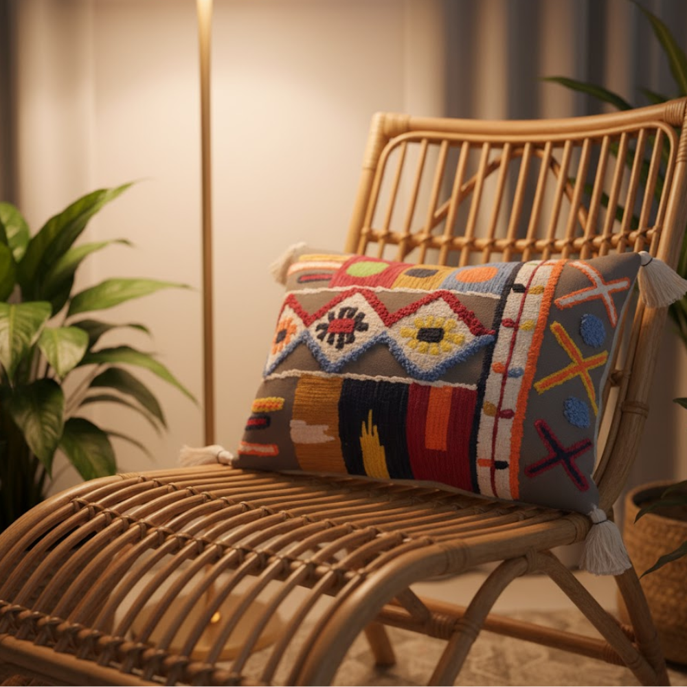 Embroidered tasseled lumbar cushion cover front view