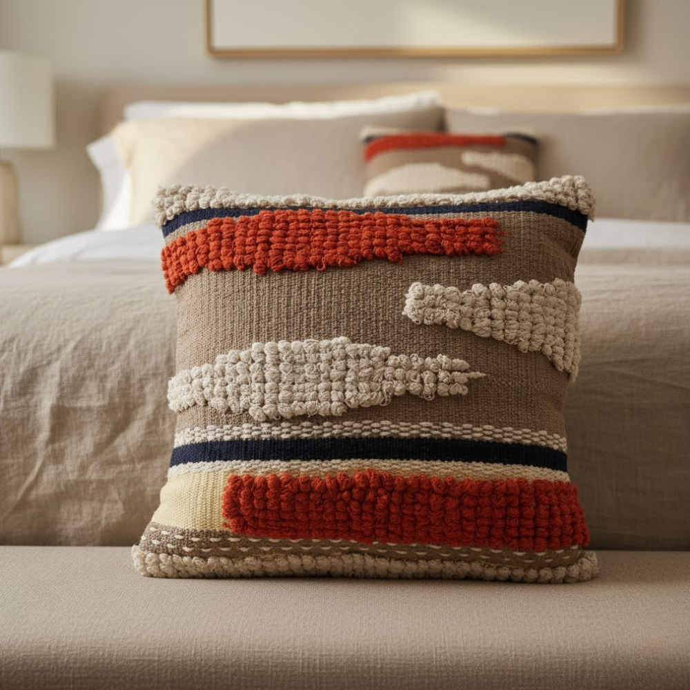 Woven tufted cushion cover at an angle