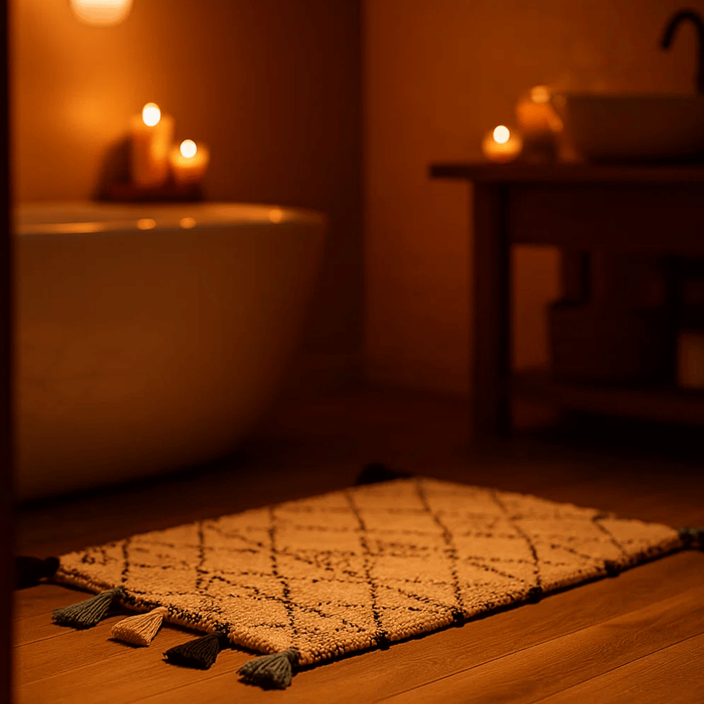 Cotton bath mat styled on a bathroom floor