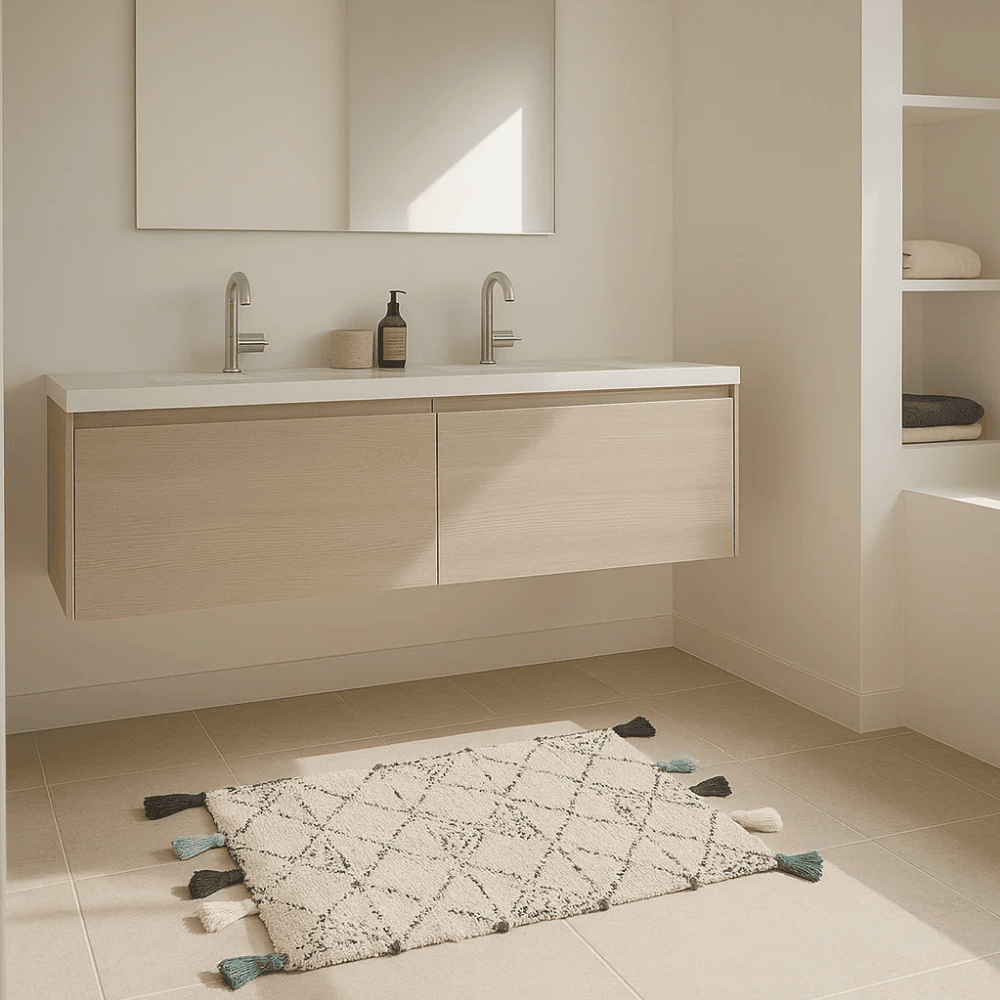 Angled view of the handwoven bath mat