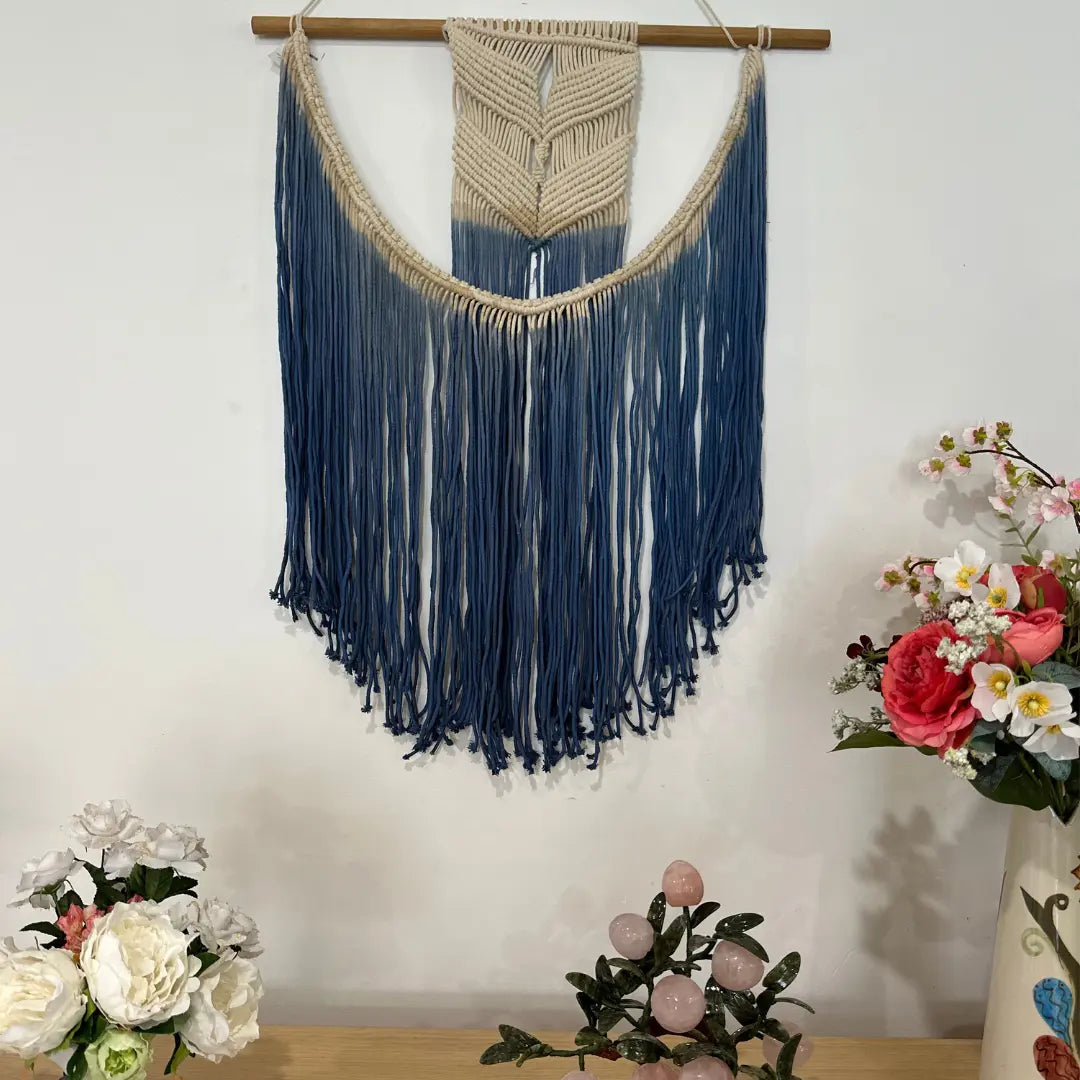 Blue ombre macrame wall hanging detail of cotton cord