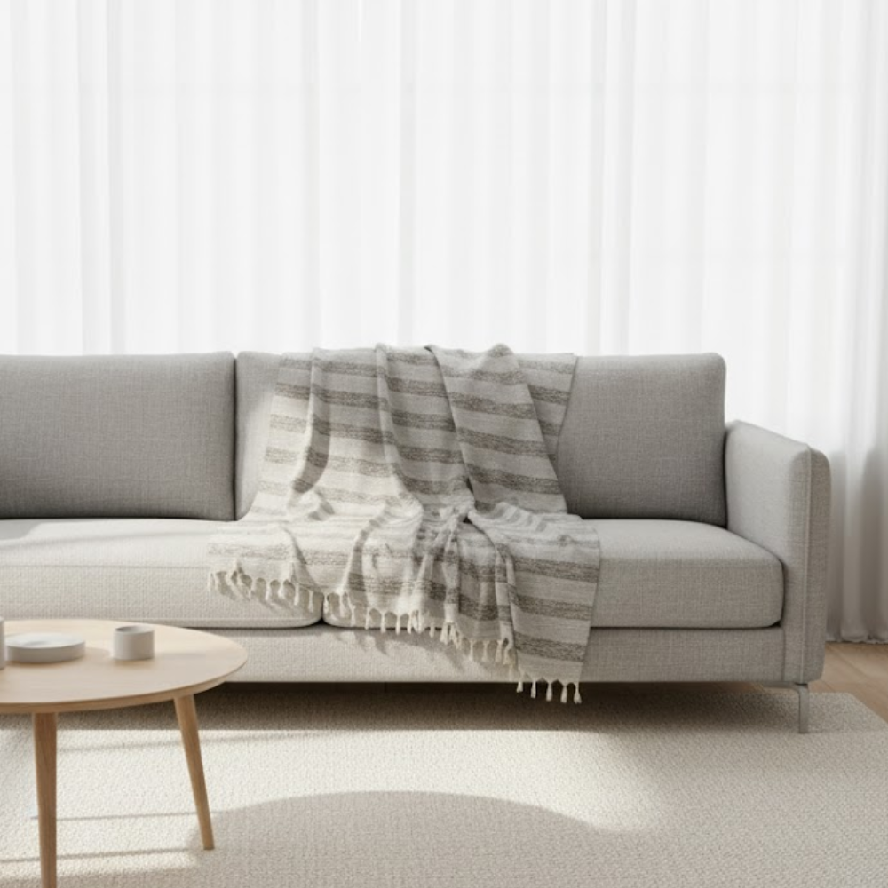 Greyscale throw blanket tassel detail