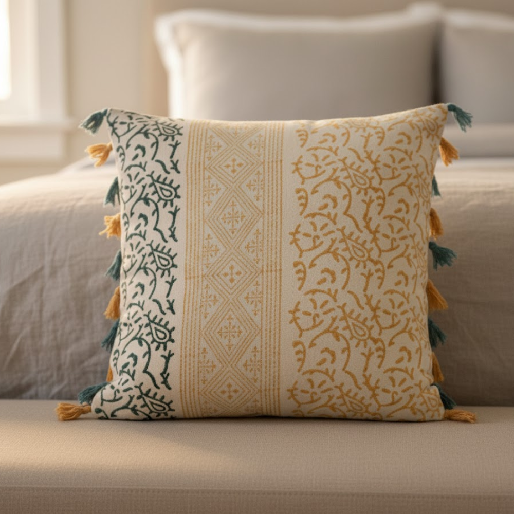Block printed tassel cushion cover front view