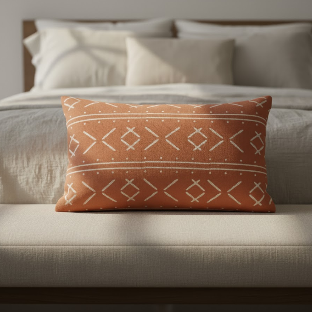 Tribal monochrome lumbar cushion cover close-up of tribal motif