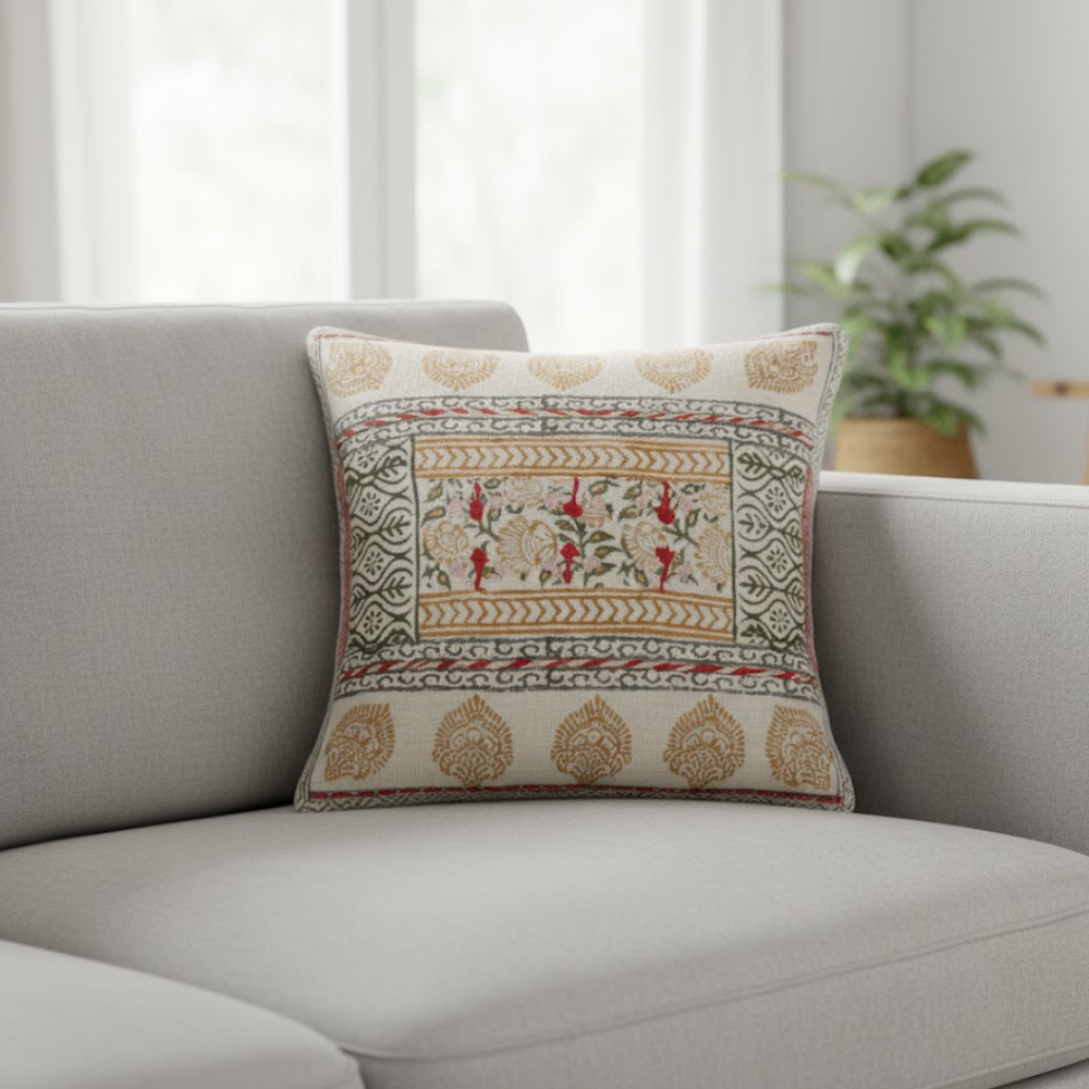 Floral cotton cushion cover at an angle