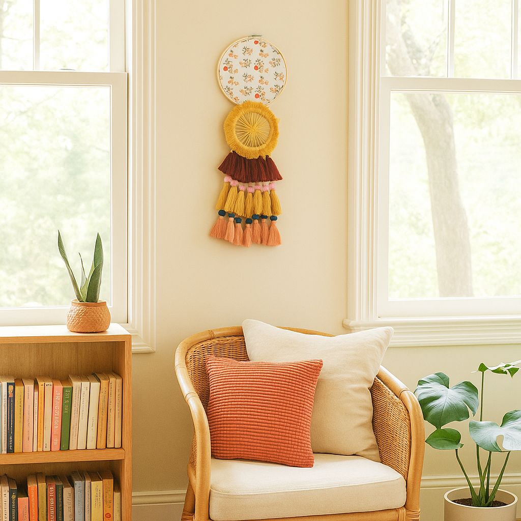 Floral boho dreamcatcher detail of hand-tied tassels