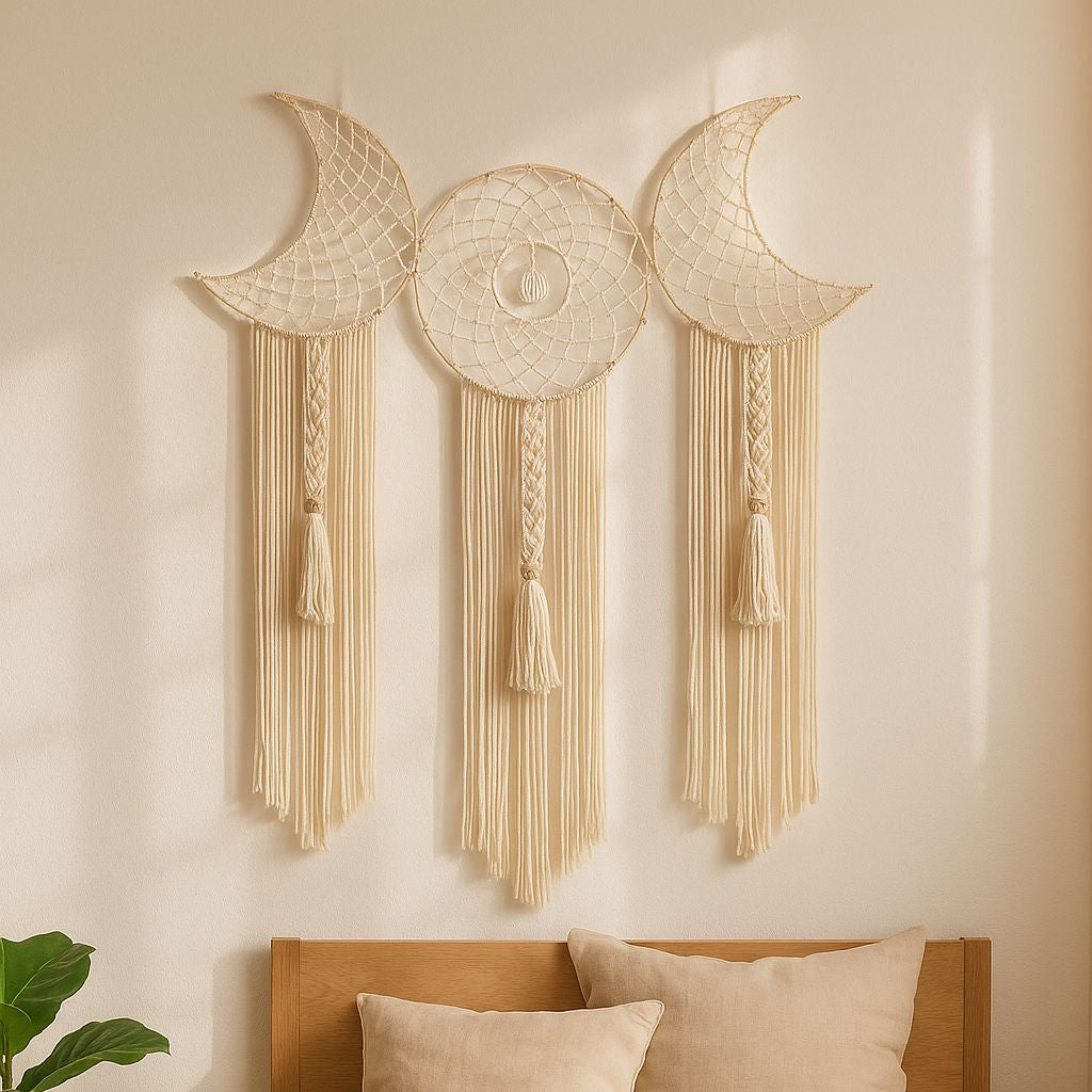 Macrame moon wall hanging in a calm styled nook