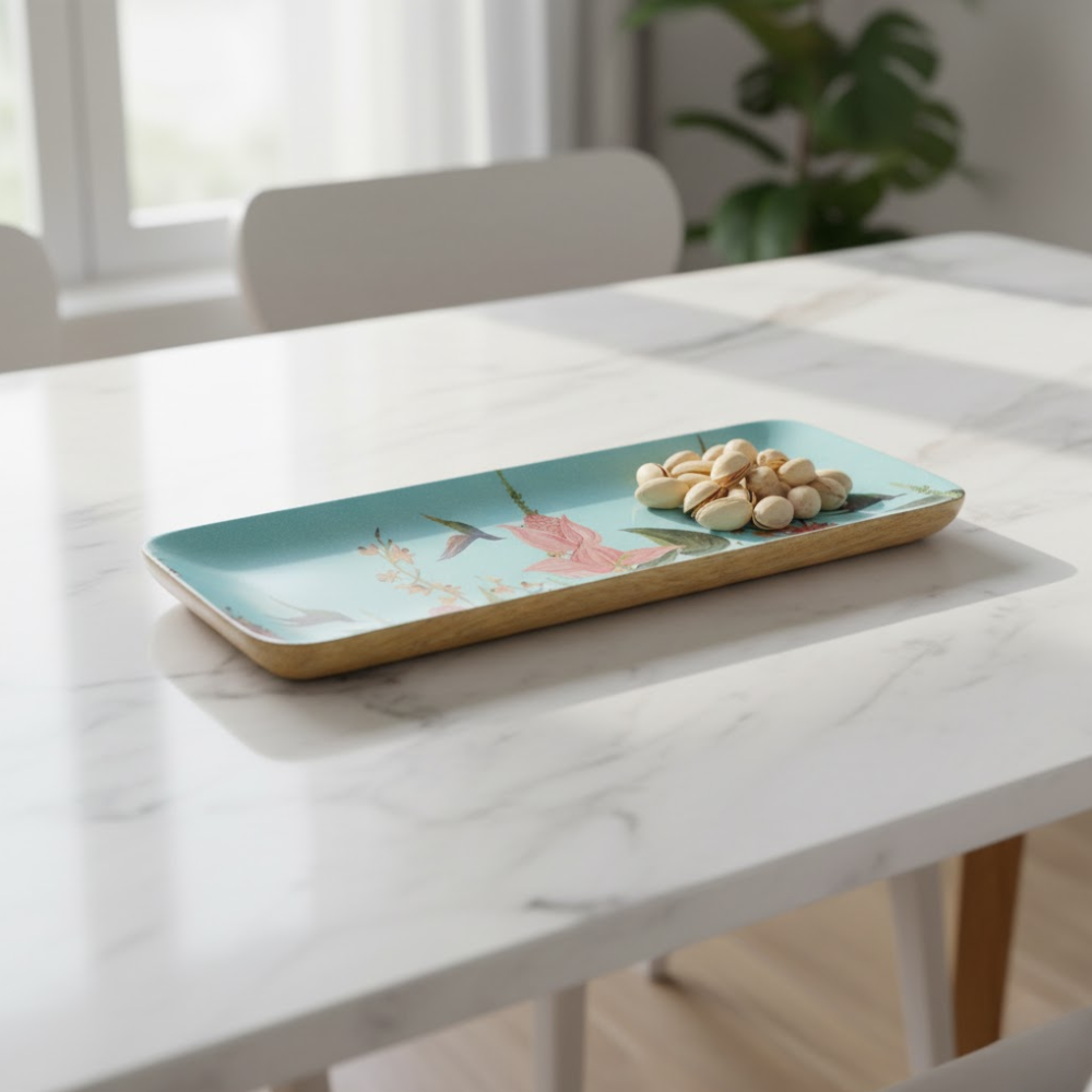 Floral wooden tray styled with items