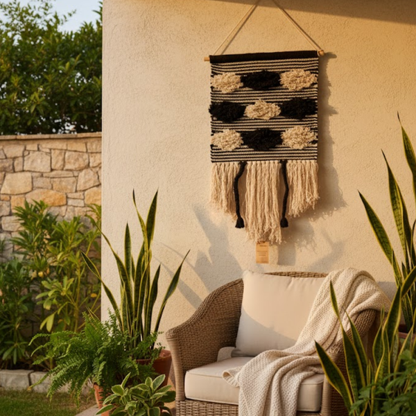 Black and Cream Striped Cotton Wall Hanging | Handwoven Boho Tassel Decor