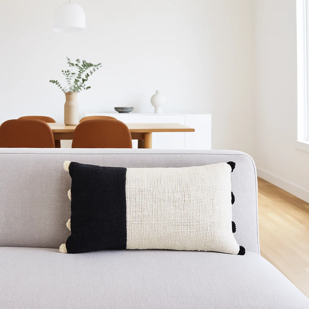 Colourblock lumbar cushion cover close-up of cotton panels