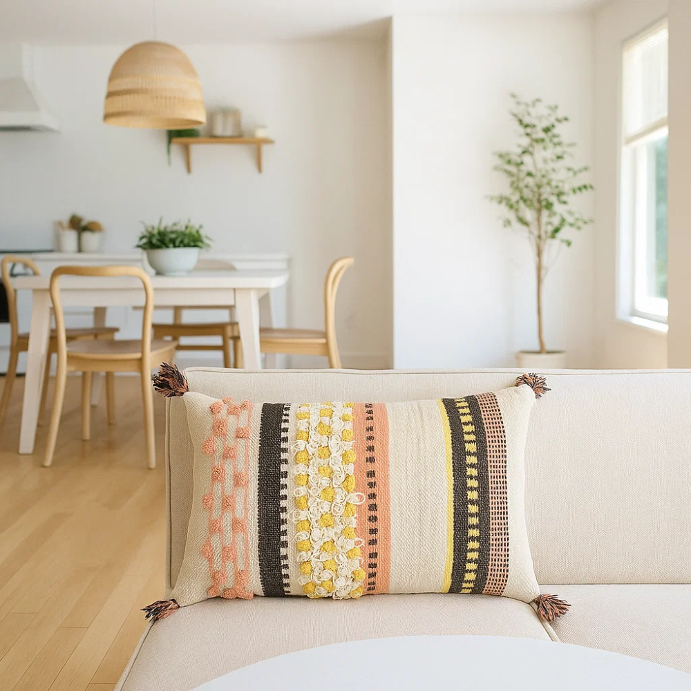 Striped tufted lumbar cushion cover concealed zip detail