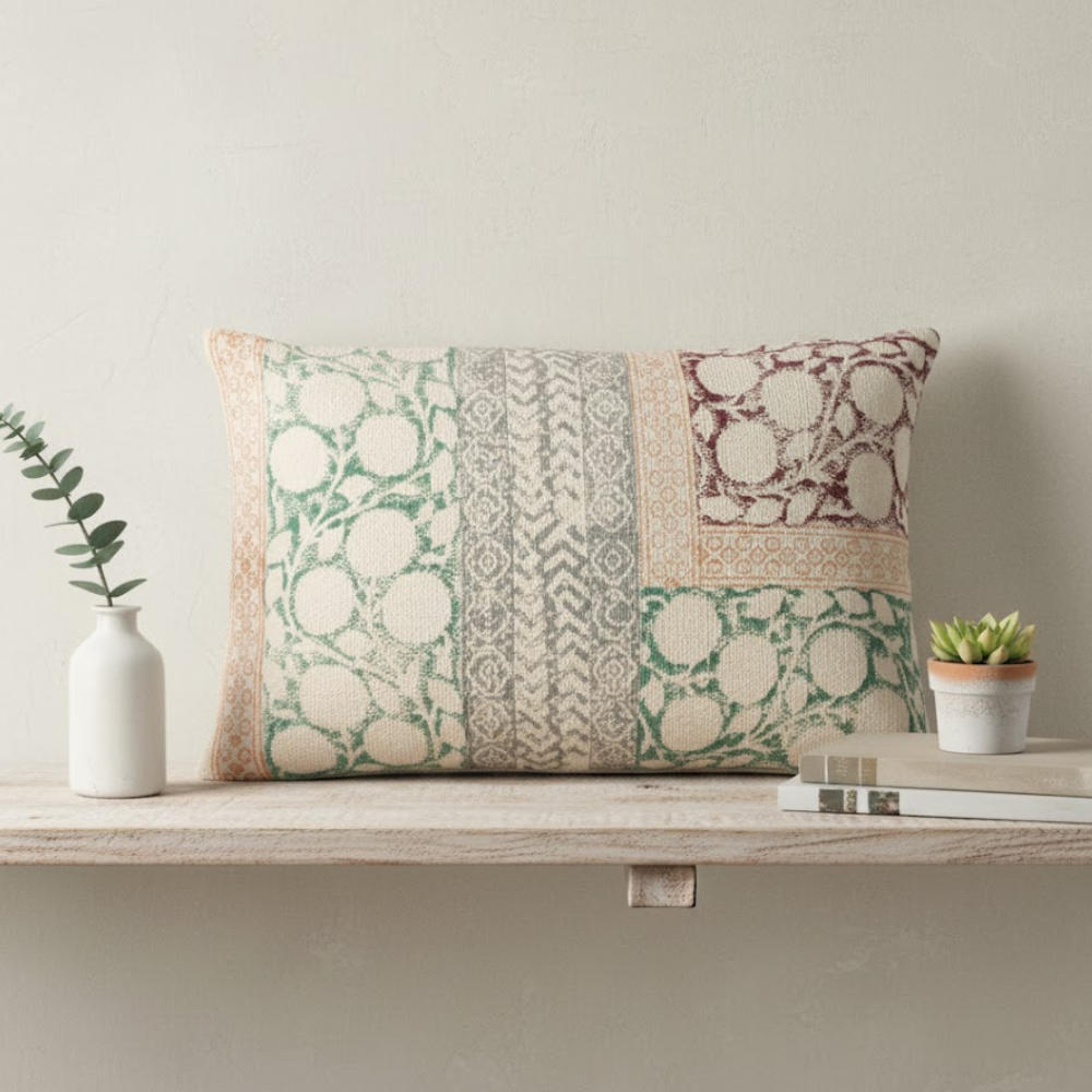 Botanical lumbar cushion cover styled on a bed