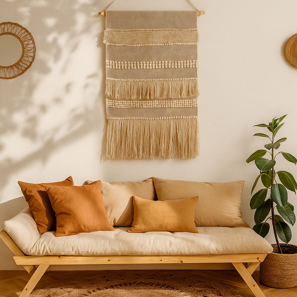 Neutral bayadere wall hanging detail of fringe