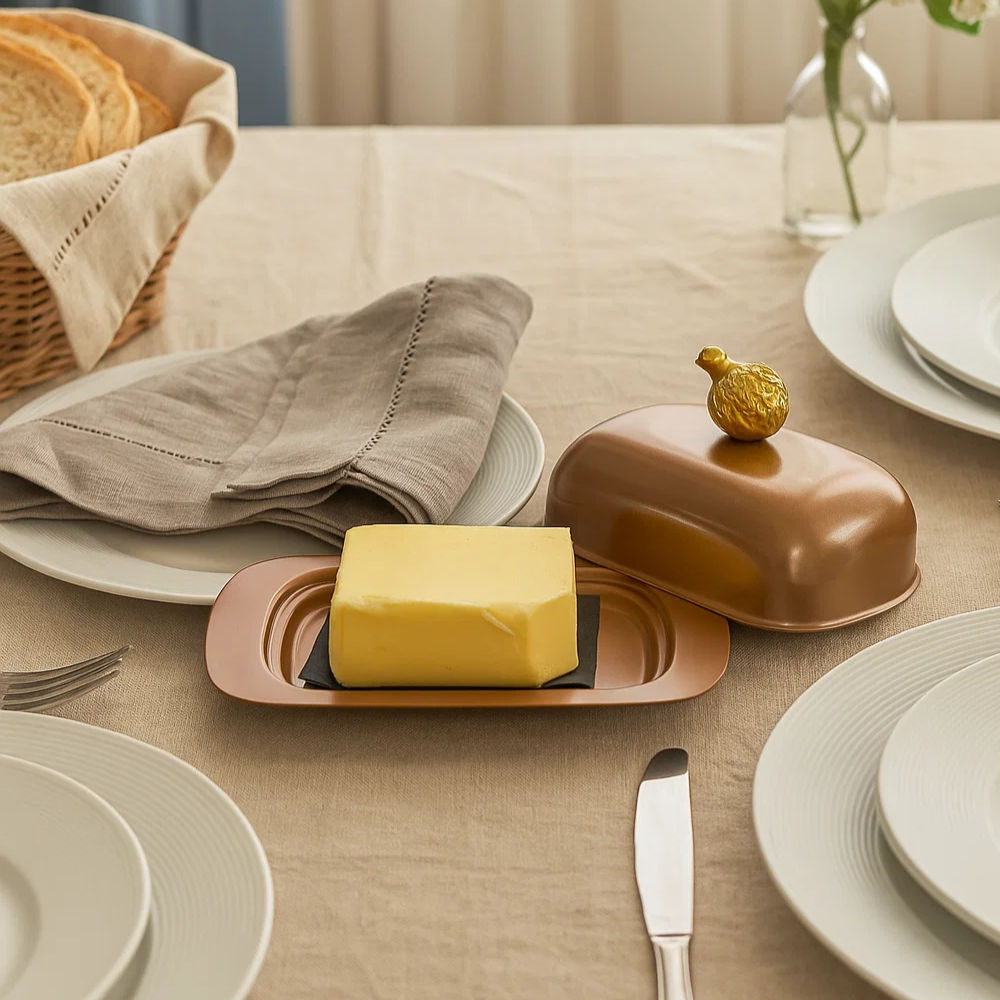 Steel butter dish side view