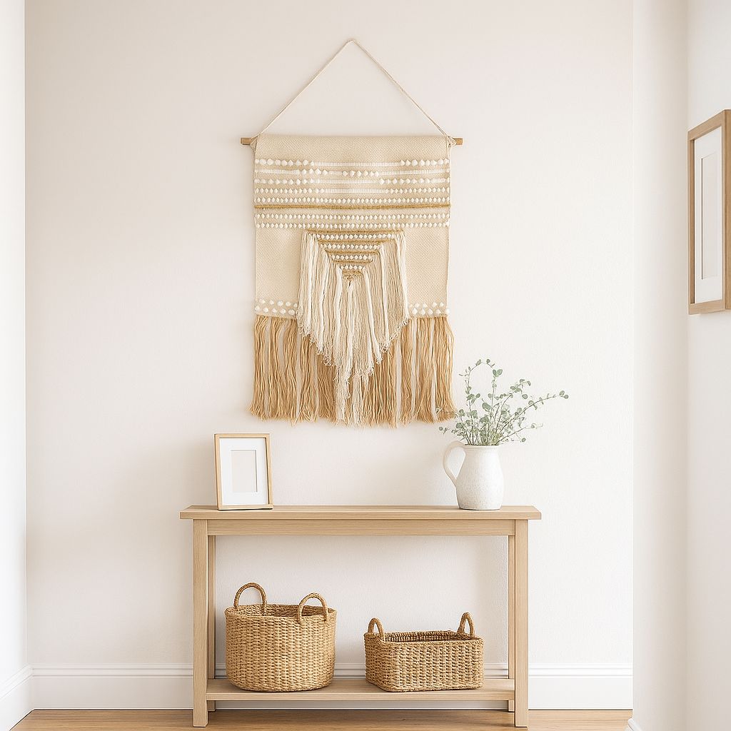 Neutral cotton fringe wall hanging close-up showing handwoven texture