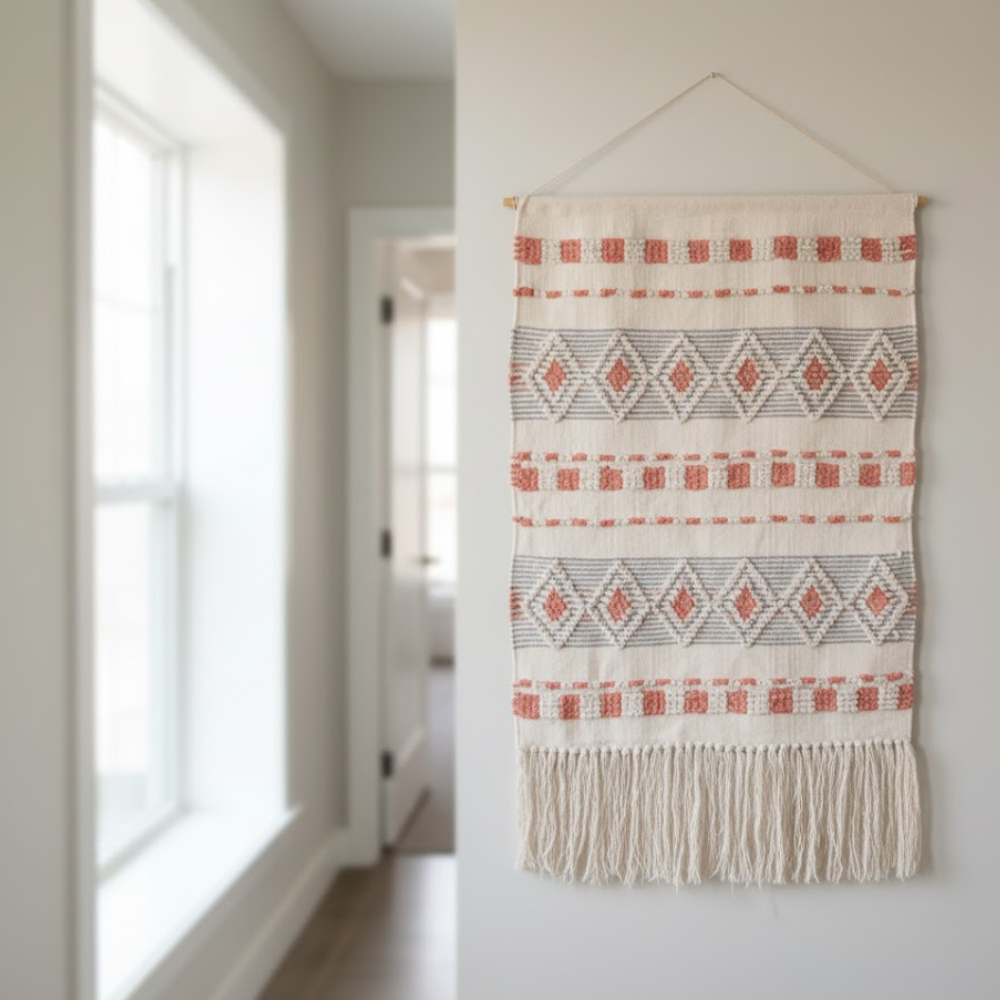 Terra wool and cotton wall hanging close-up of woven texture