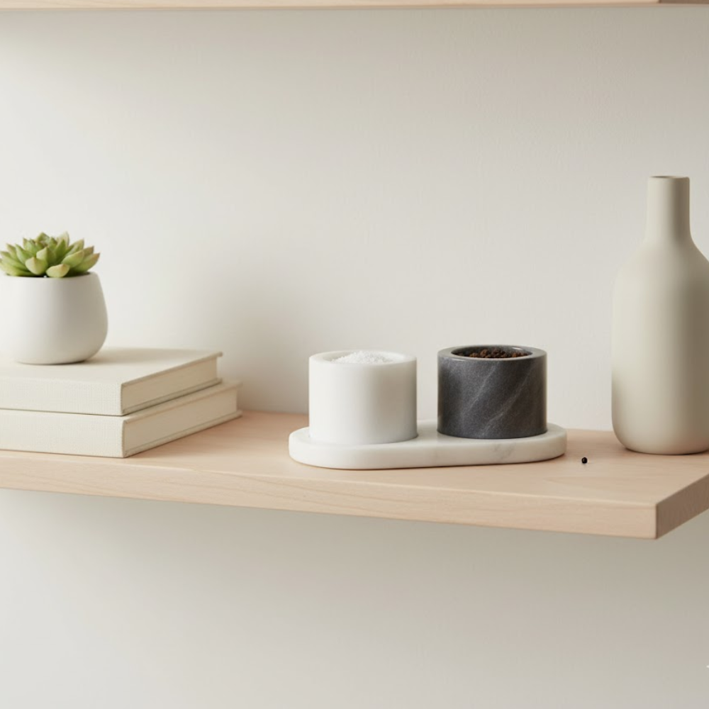 Marble condiment set top-down view
