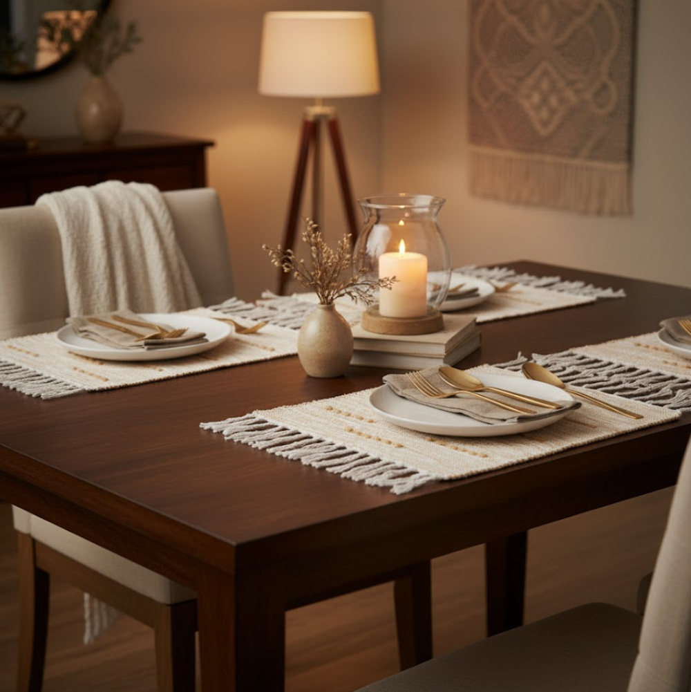 Bisque placemats styled on a dining table