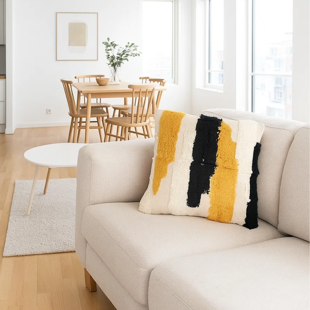 Tufted multicolor cushion cover at an angle