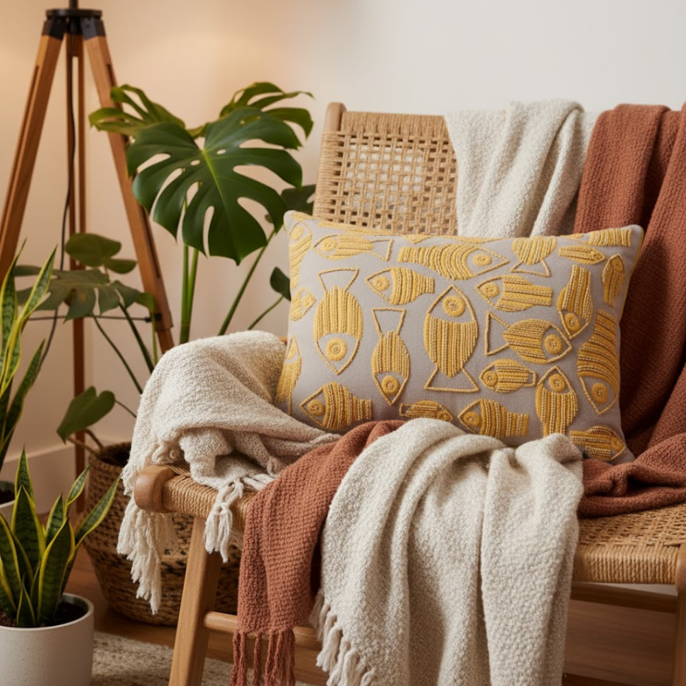 Fish embroidered cushion cover concealed zip detail