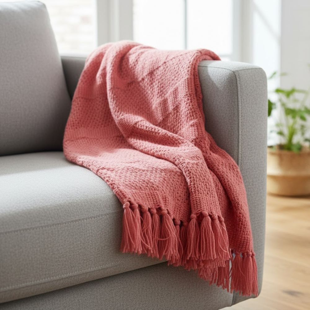 Coral throw blanket close-up of tassel edges