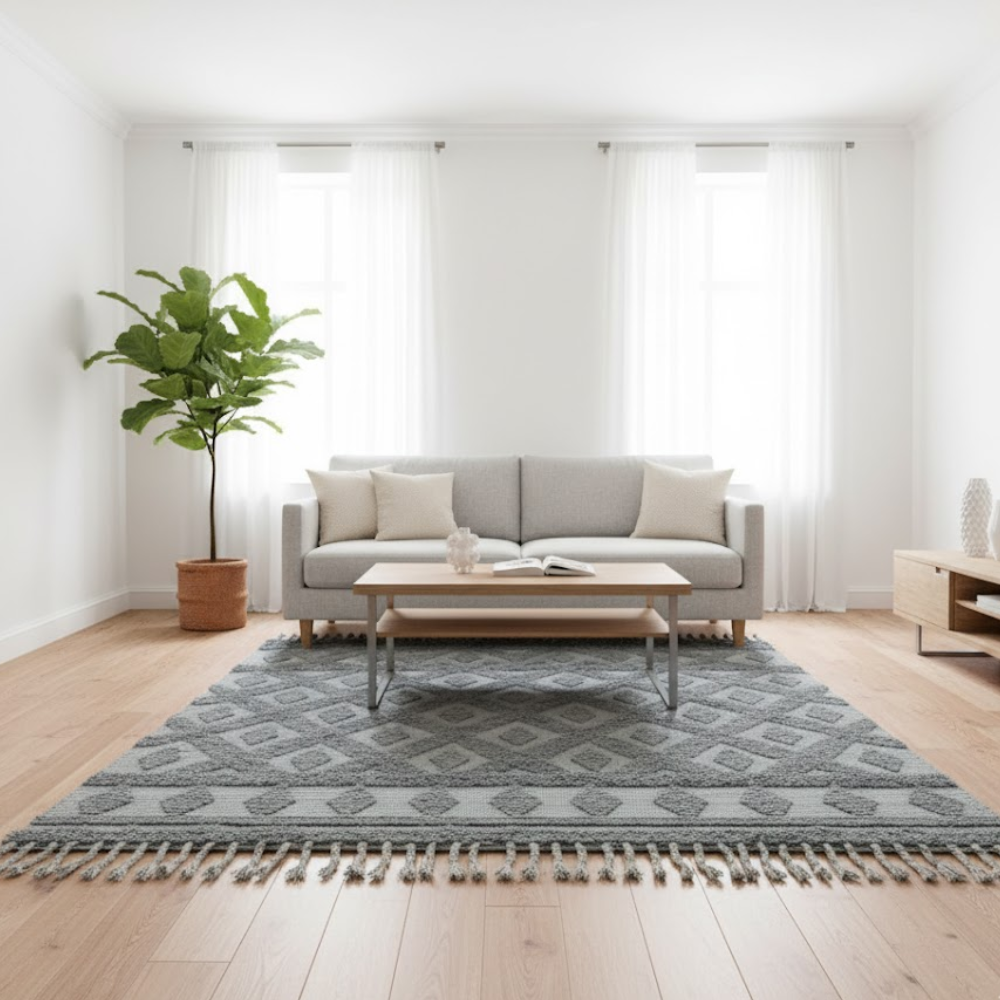 Full view of the ash grey hand-tufted cotton rug