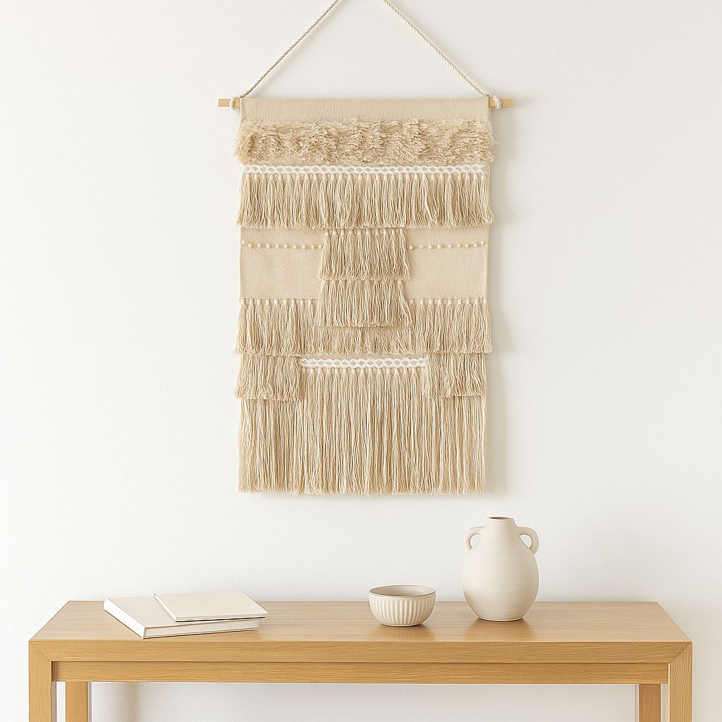 Beige wool and cotton wall hanging detail of fringed lower edge