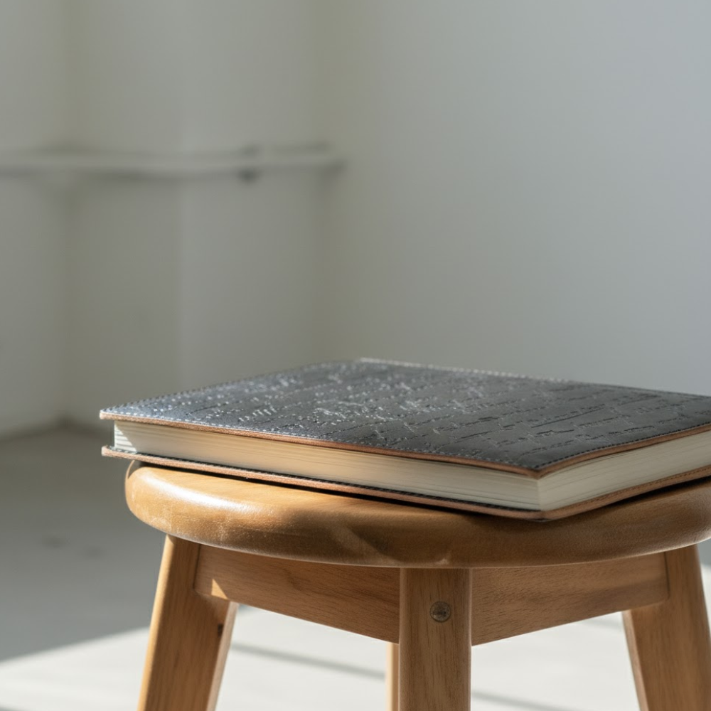 Typographic leather diary open showing pages