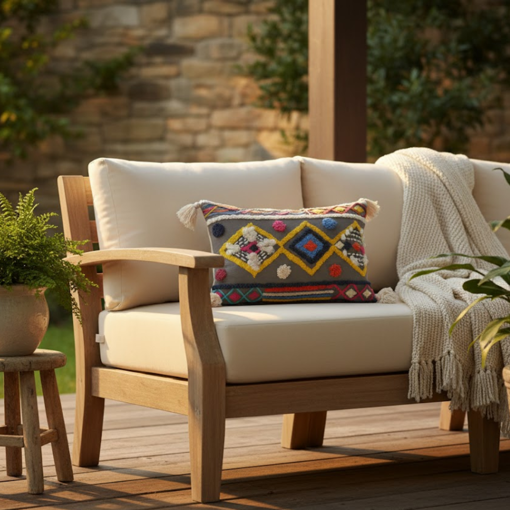 Diamond embroidered lumbar cushion cover detail of tassels