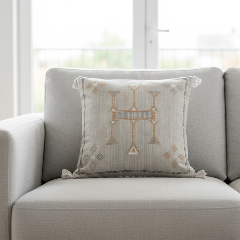 Vintage embroidered cushion cover close-up of stitching